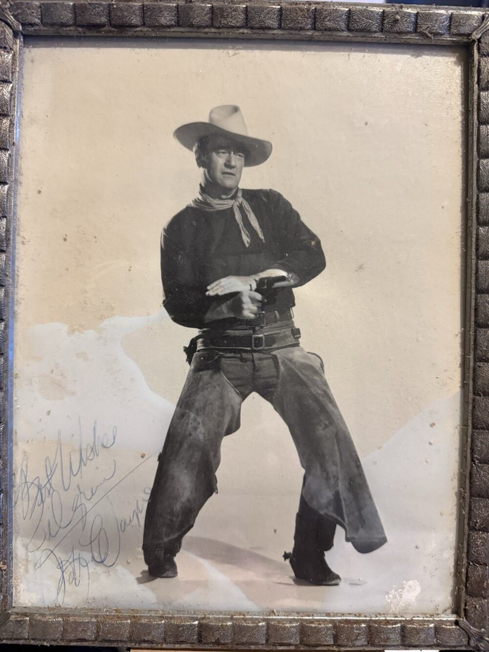 John Wayne Autographed Vintage Framed 8x10 1963 Best Wishes Pilgrim, John Wayne